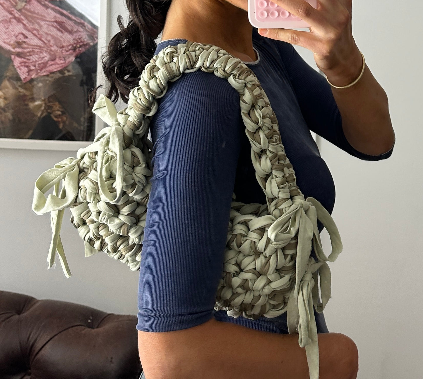 **A Khaki + Mint Fringe Bag