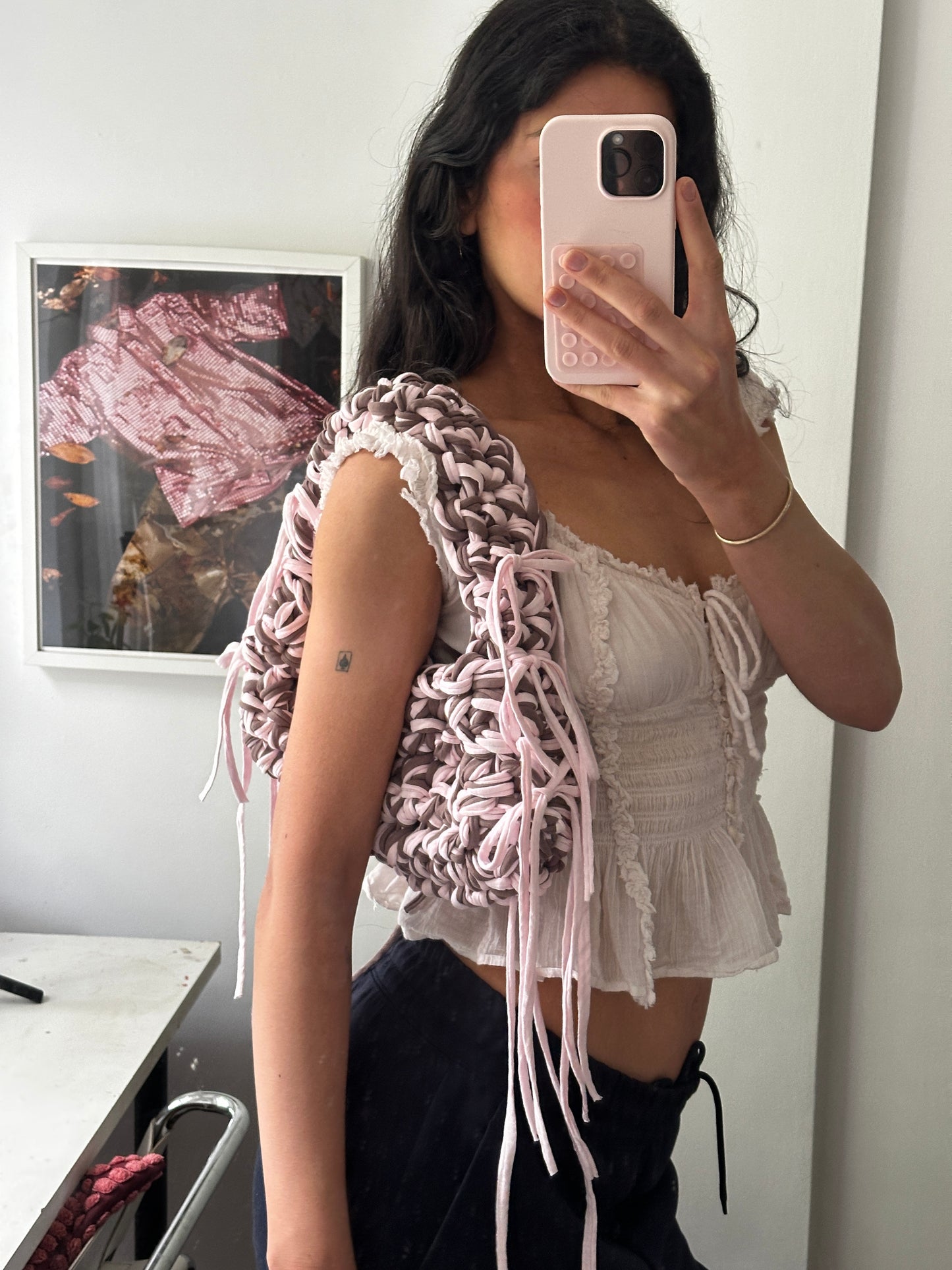 Brown + Pink Fringe Shoulder
